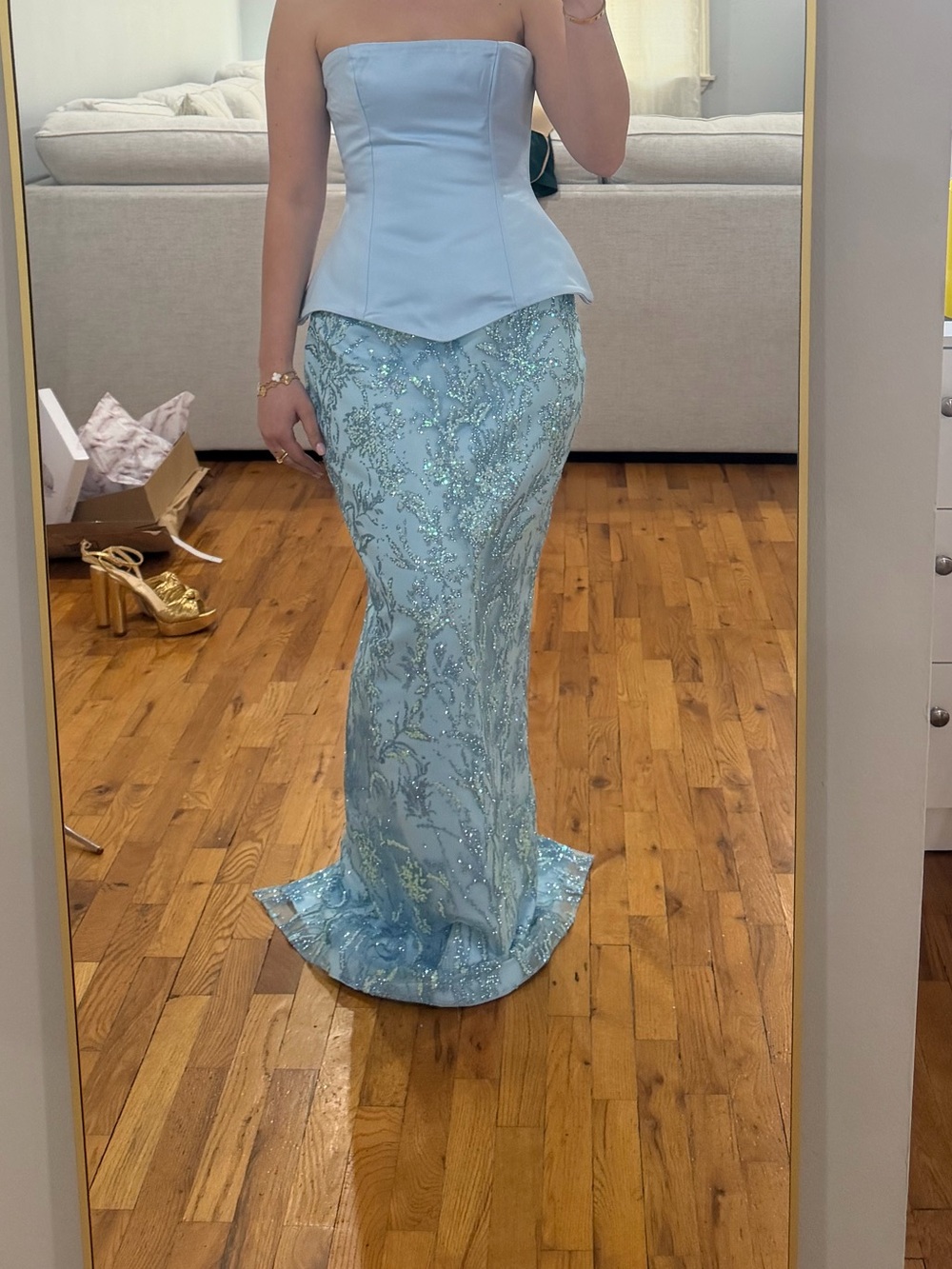 Light Blue Strapless Corset Peplum Top with Sparkly Skirt